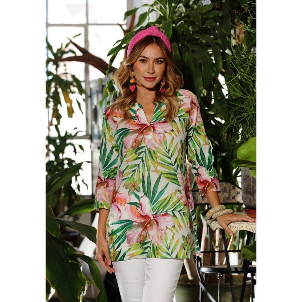 KikiSol Women Maui Tropical Hibiscus Tunic Top White Pink Green Size M NWT